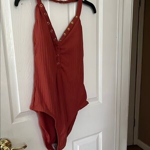 No Boundaries orangish brown  and Gold One Piece Swimsuit with Plunging Neckline